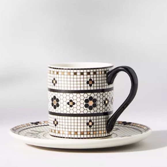Anthropologie Bistro Tile Espresso Cup and Saucer Set New in Box Rare - Picture 4 of 8
